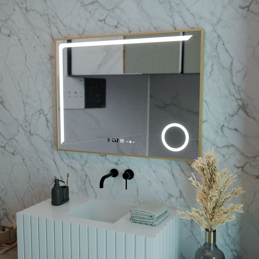 LED Mirror Sensor MotionGlow Rosalia 80x60 cm Warm/Cold/Neutral Light Dimmable Demister System Thermometer Clock Marcello Funghi Collection