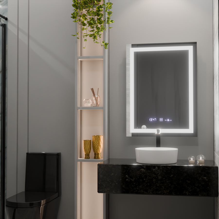 Rectangular LED mirror, 60x80cm, Verite MotionGlow Marcello, Demister System, Clock & Thermometer, Dimmable