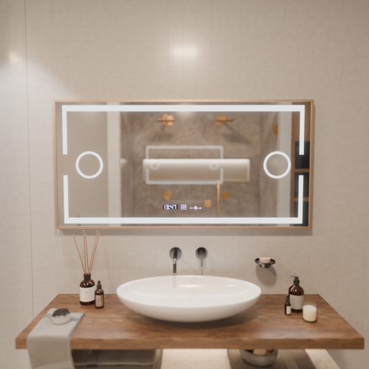 Isabell MotionGlow Sensor LED Mirror with Defog Function Thermometer Clock 120x80 cm Dimmable Warm/Cool/Neutral Light, Rose Gold Brushed Frame, Marcello Funghi Collection