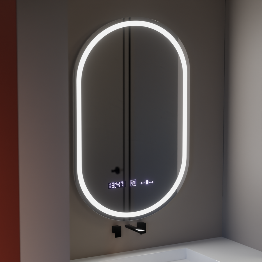 Oval LED mirror, 50x80cm, Eminence MotionGlow Marcello, Demister System, Clock & Thermometer, Dimmable