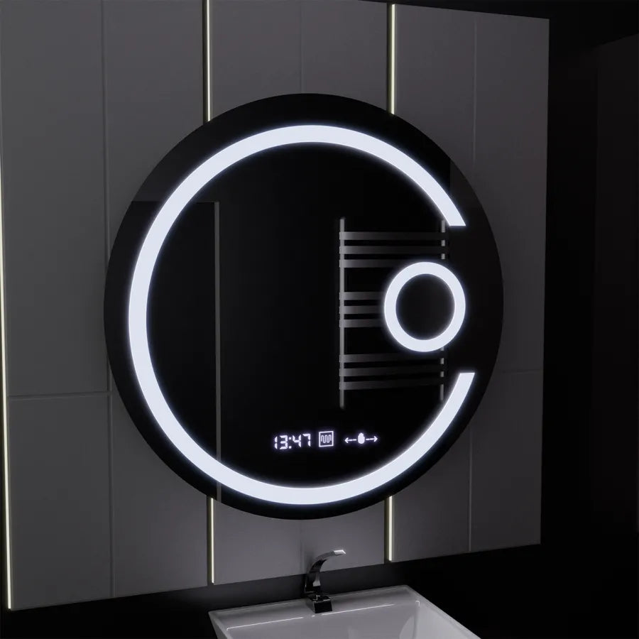 LED Round Mirror, 70cm, Visio MotionGlow Marcello, Demister System, Clock & Thermometer, Cosmetic Magnifier, Dimmable