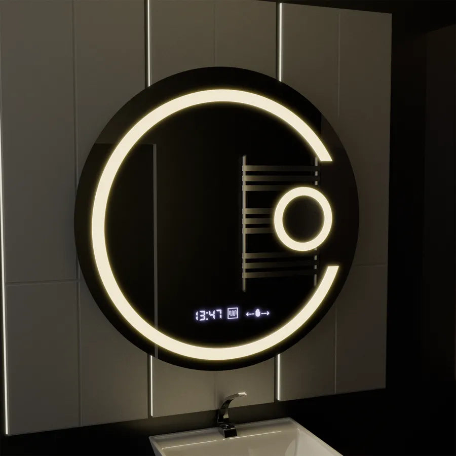 LED Round Mirror, 70cm, Visio MotionGlow Marcello, Demister System, Clock & Thermometer, Cosmetic Magnifier, Dimmable