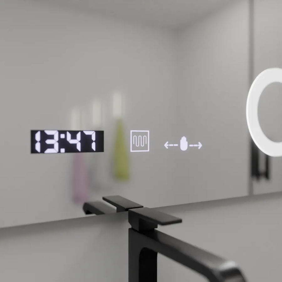 Rectangular LED mirror, 100x80cm, Precision MotionGlow Marcello, Demister System, Clock & Thermometer, Cosmetic Magnifier, Dimable