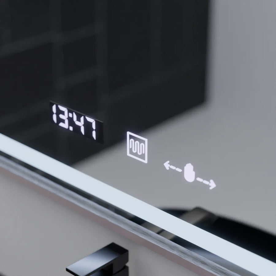 Rectangular LED mirror, 60x80cm, Verite Imperial Silver Motion Glow Marcello, Demister System, Clock & Thermometer, Dimmable