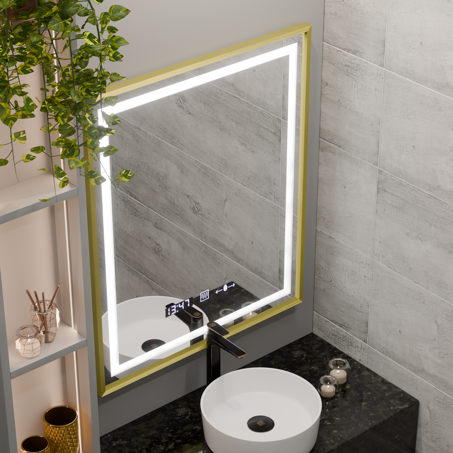 Rectangular LED mirror, 75x90cm, Verite Royale Gold MotionGlow Marcello, Demister System, Clock & Thermometer, Dimmable