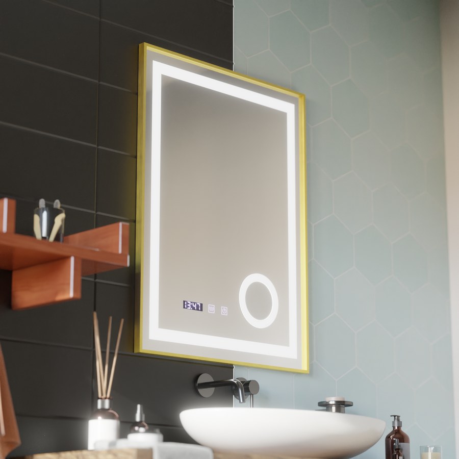 CLARUS LED Touch Mirror De-fogging System, Clock and Temperature 60x80 cm Golden Frame Brushed Cosmetic Magnifier