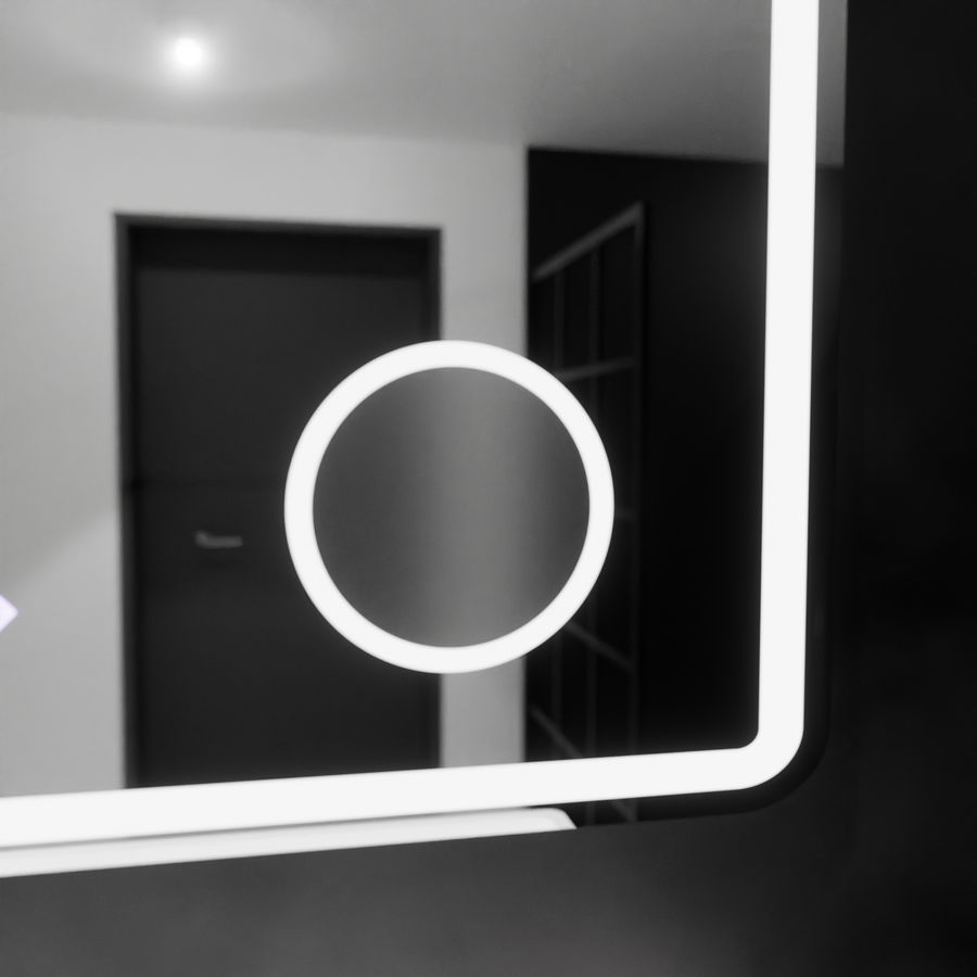 Rectangular LED Mirror, 90x75cm, Riflesso MotionGlow Marcello, Demister System, Clock & Thermometer, Cosmetic Magnifier, Dimable