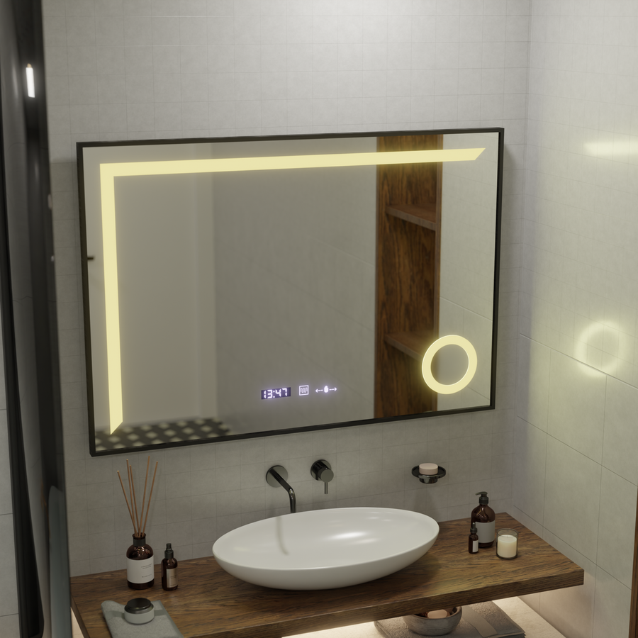 LED Mirror Sensor MotionGlow Sofia with Defog function Thermometer Clock 110x75 cm Warm/Cold/Neutral Light Dimmable, Brushed Black Frame, Marcello Funghi Collection