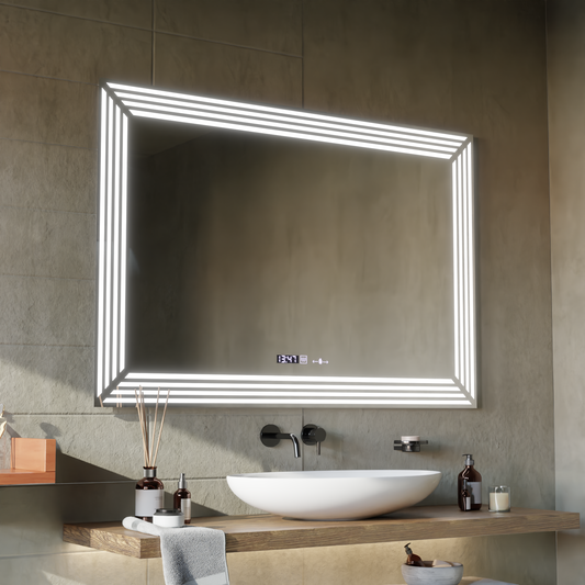 Rectangular LED mirror, 110x65cm, Venezia MotionGlow Marcello sensor, De-fogging system, Clock & Thermometer, Dimabila