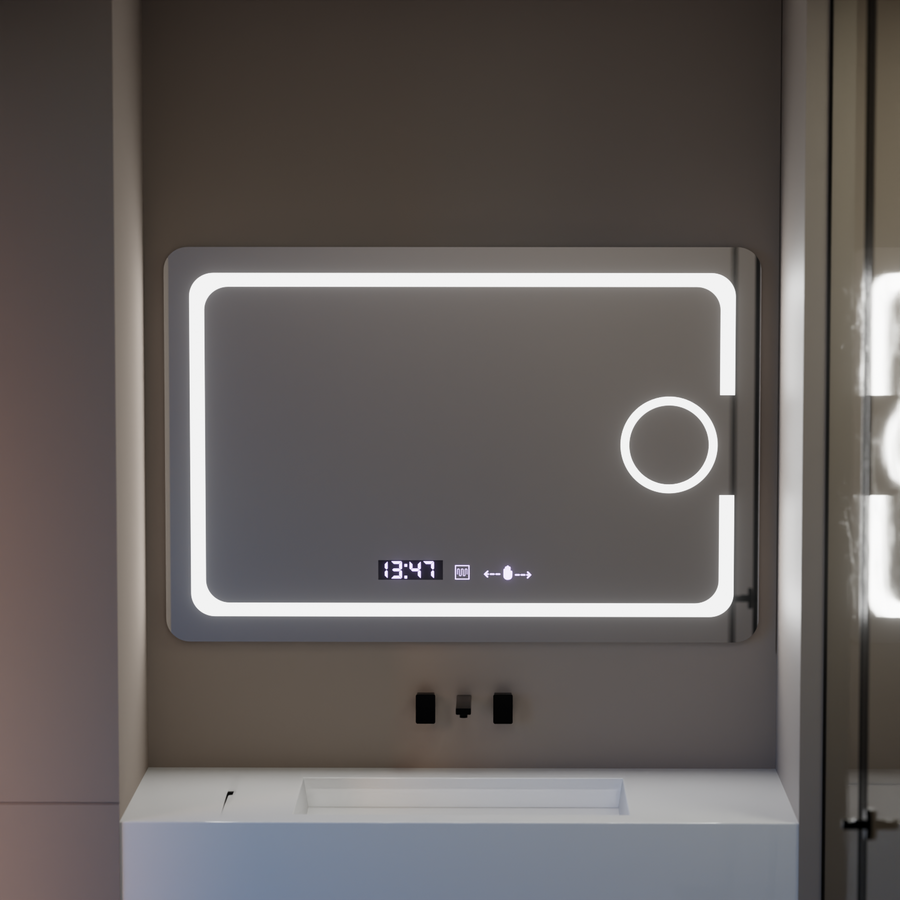 Rectangular LED mirror, 120x80cm, Eclat MotionGlow Marcello, Demister System, Clock & Thermometer, Cosmetic Magnifier, Dimable