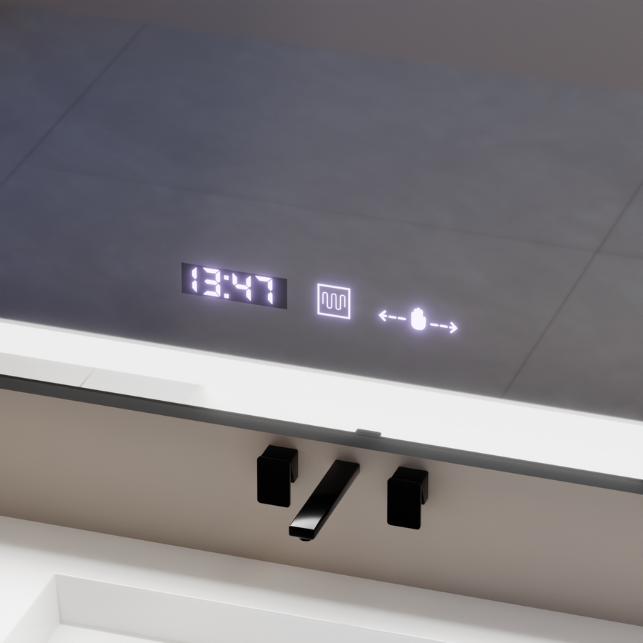 Rectangular LED mirror, 80x60cm, Verite Majeste Noir Motion Glow Marcello, Demister System, Clock & Thermometer, Dimmable