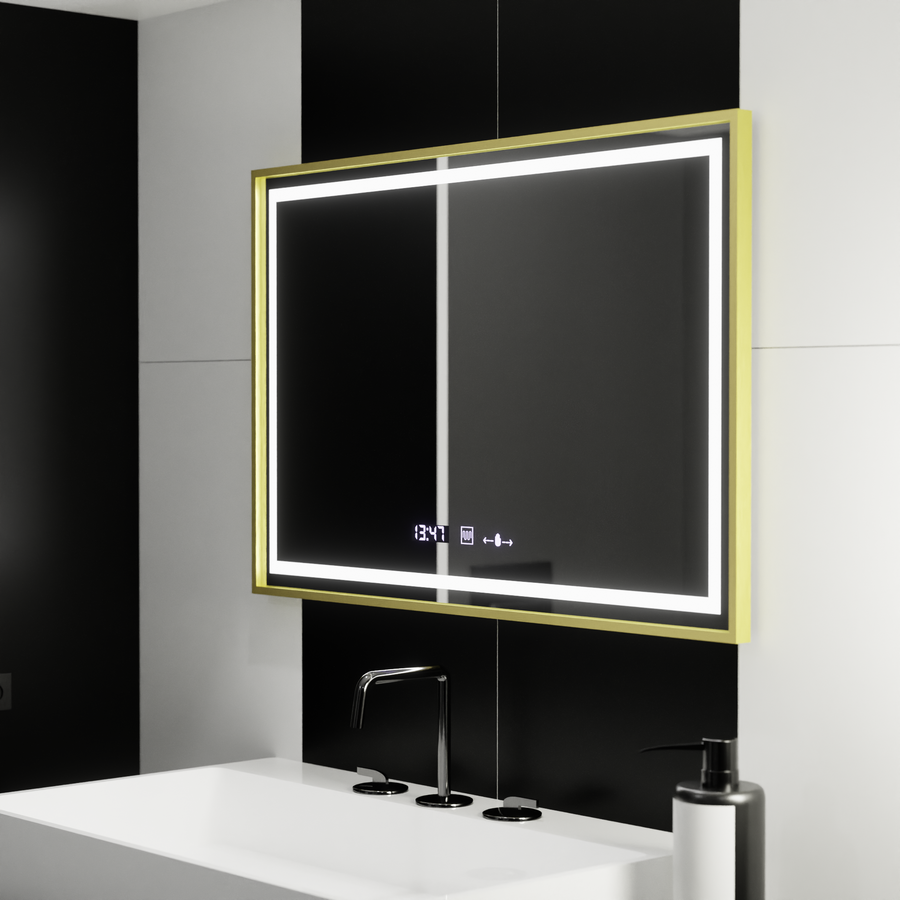 Rectangular LED Mirror, 100x65cm, Verite Royale Gold Motion Glow Marcello, Demister System, Clock & Thermometer, Dimmable