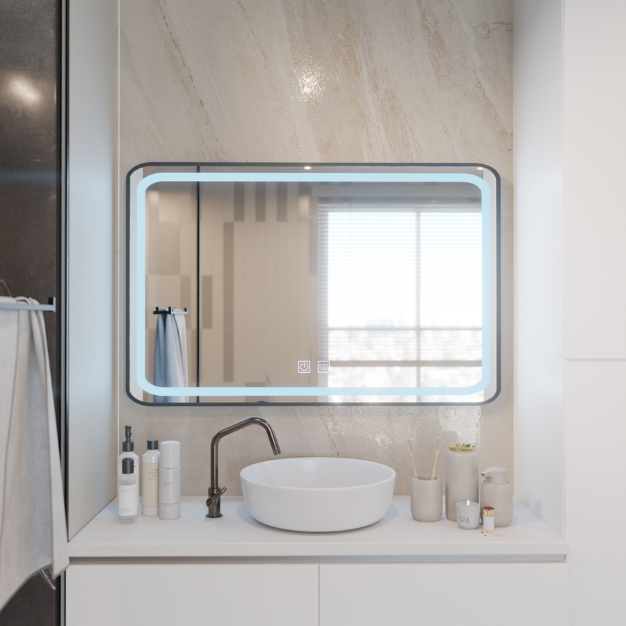 Rectangular LED Mirror 100x65cm – Edge LUMINOUS Touch Defog System, Black Frame