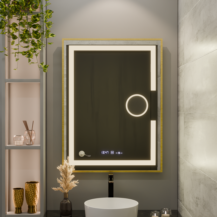 Rectangular LED mirror, 60x80cm, Eclat MotionGlow Marcello, Demister System, Clock & Thermometer, Cosmetic Magnifier, Dimable, Brushed Gold Frame