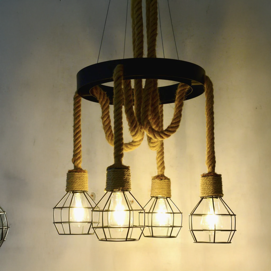 Wheel Chandelier, 3*E27, Brown, Metal and Rope