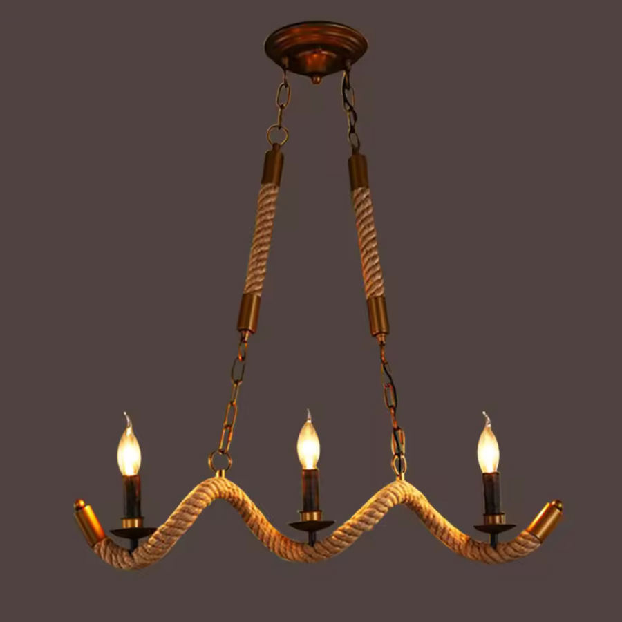 Rope Chandelier, 3*E27, Brown, Metal and Rope