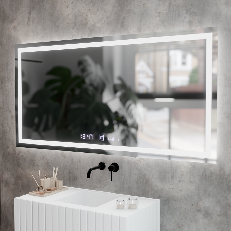 Rectangular LED mirror, 120x60cm, Verite MotionGlow Marcello, Demister System, Clock & Thermometer, Dimmable