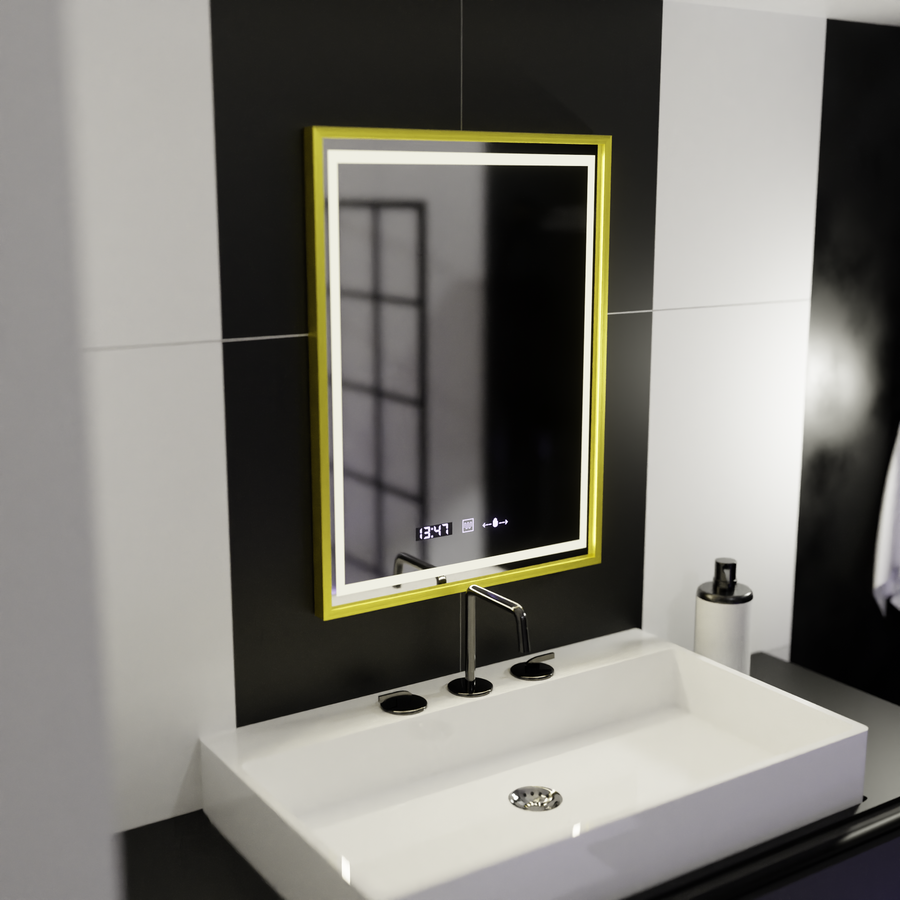 Rectangular LED mirror, 50x70cm, Verite Royale Gold Motion Glow Marcello, Demister System, Clock & Thermometer, Dimmable