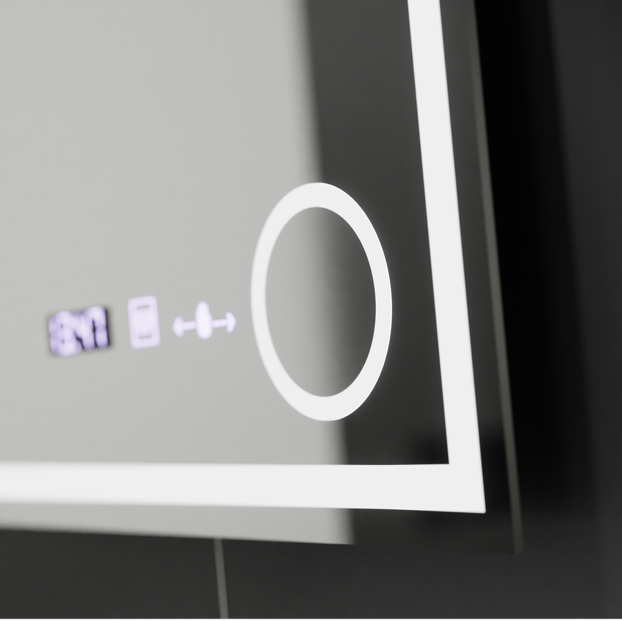 Rectangular LED Mirror, 60x60cm, Souverain MotionGlow Marcello, Demister System, Clock & Thermometer, Cosmetic Magnifier, Dimable