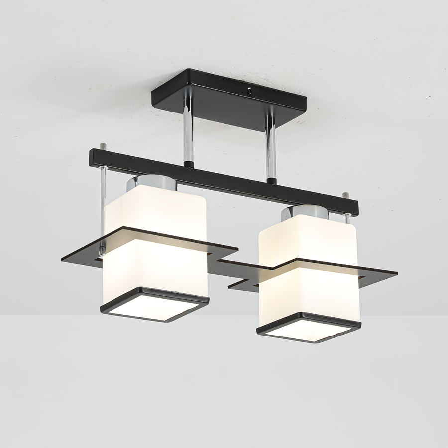 Classic Aramis Chandelier with Wood Square Lampshade 2 X E27 Socket Black White