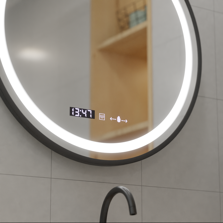 LED Round Mirror, 80cm, Celeste Majesté Noir MotionGlow Marcello, Demister System, Clock & Thermometer, Dimmable