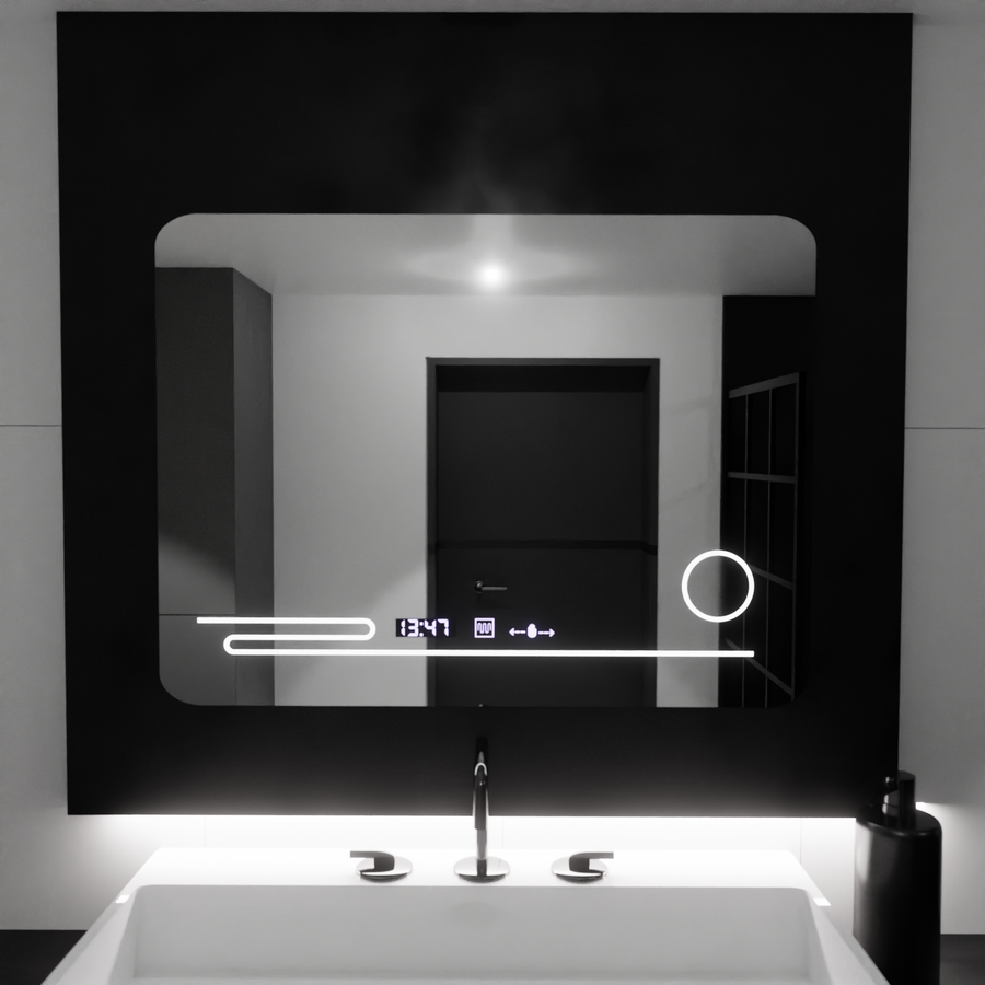 The rectangular LED mirror 80x60cm Fortaleza MotionGlow Marcello Defrosting System Thermometer and Cosmetic Wolf Clock