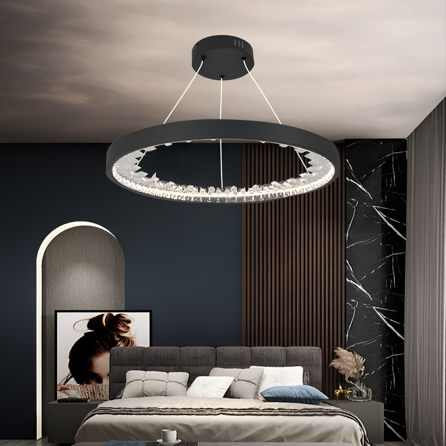 Suspended LED chandelier with remote control, K9 Crystals, 27W, 1 Circle, Cold/Warm/Neutral light, Dimmable, Black, Height Adjustable