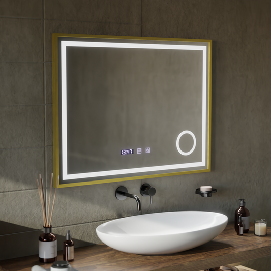 CLARUS Touch LED Mirror De-fogging System, Clock and Temperature 80x60 cm Brushed Gold Frame Cosmetic Magnifier