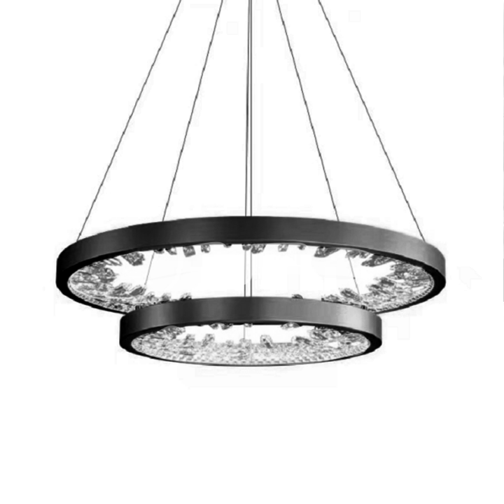 Suspended LED chandelier with remote control, K9 Crystals, 67W, 2 Circles, 60 cm, Cold/Warm/Neutral light, Dimmable, Black, Height Adjustable