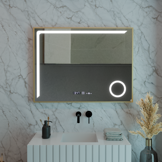 LED Mirror Sensor MotionGlow Rosalia 80x60 cm Warm/Cold/Neutral Light Dimmable Demister System Thermometer Clock Marcello Funghi Collection