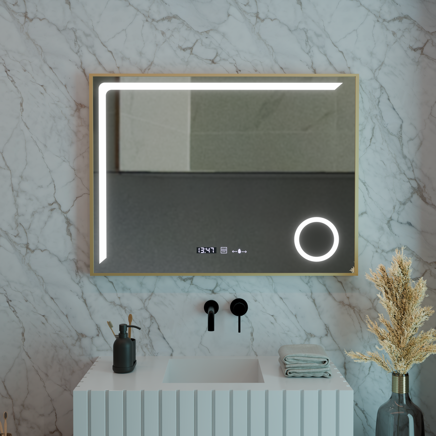 LED Mirror Sensor MotionGlow Rosalia 80x60 cm Warm/Cold/Neutral Light Dimmable Demister System Thermometer Clock Marcello Funghi Collection