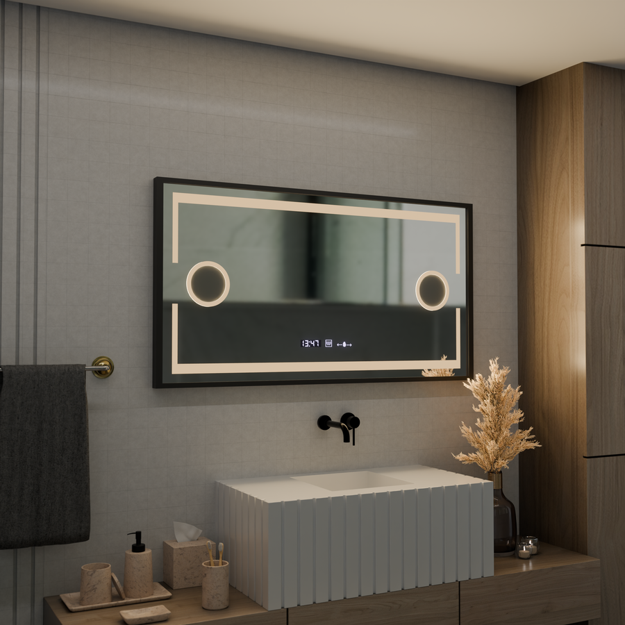 Domingo MotionGlow Sensor LED Mirror with Defog Function Thermometer Clock 120x65 cm Dimmable Cold/Warm/Neutral Light, Brushed Black Frame, Marcello Funghi collection