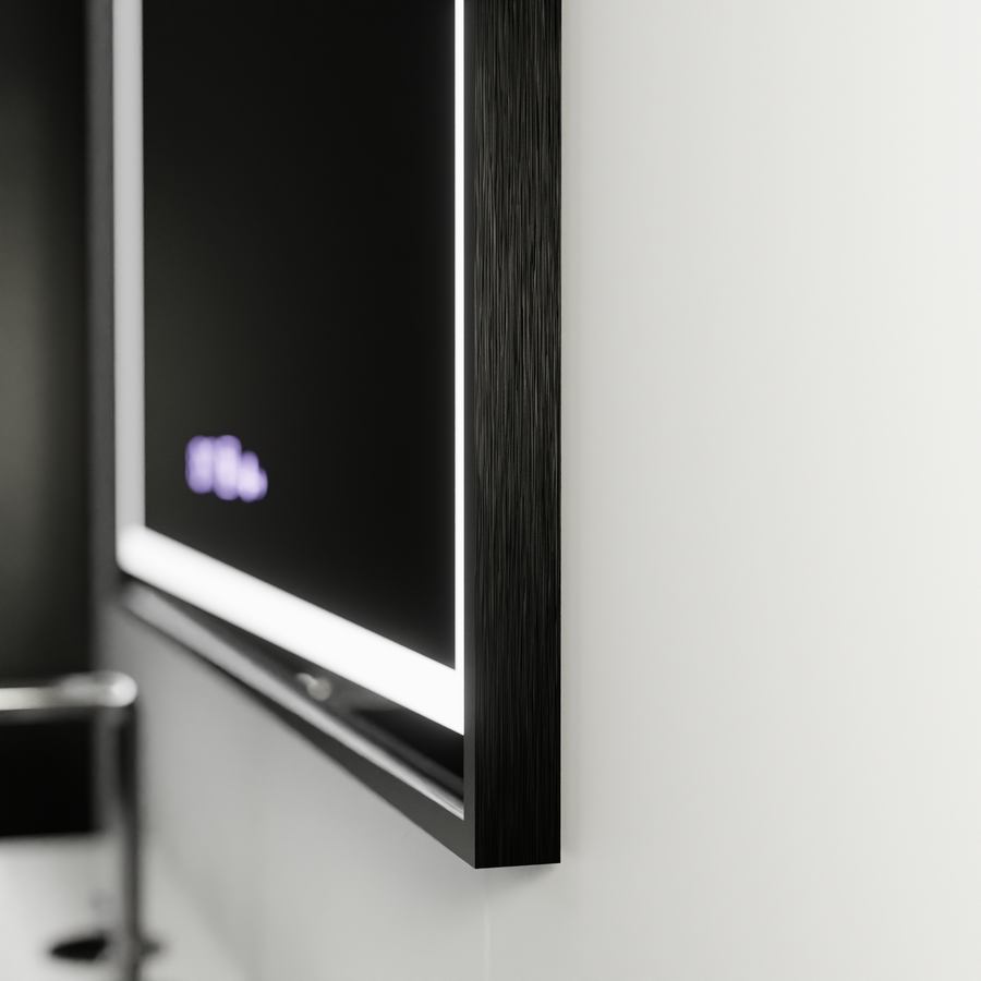 Rectangular LED mirror, 100x80cm, Verite Majeste Noir MotionGlow Marcello, Demister System, Clock & Thermometer, Dimmable