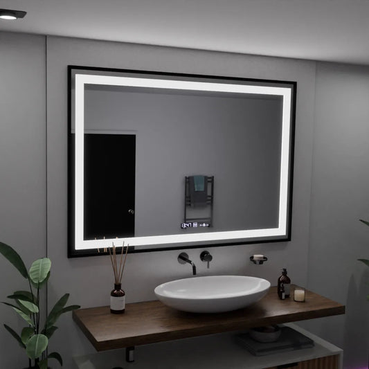 Rectangular LED Mirror, 100x65cm, Verite Majeste Noir Motion Glow Marcello, Demister System, Clock & Thermometer, Dimmable