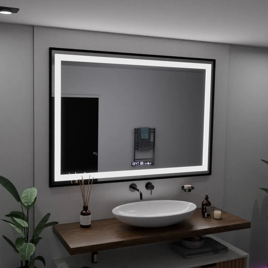 Rectangular LED Mirror, 100x70cm, Verite Majeste Noir Motion Glow Marcello, Demister System, Clock & Thermometer, Dimmable