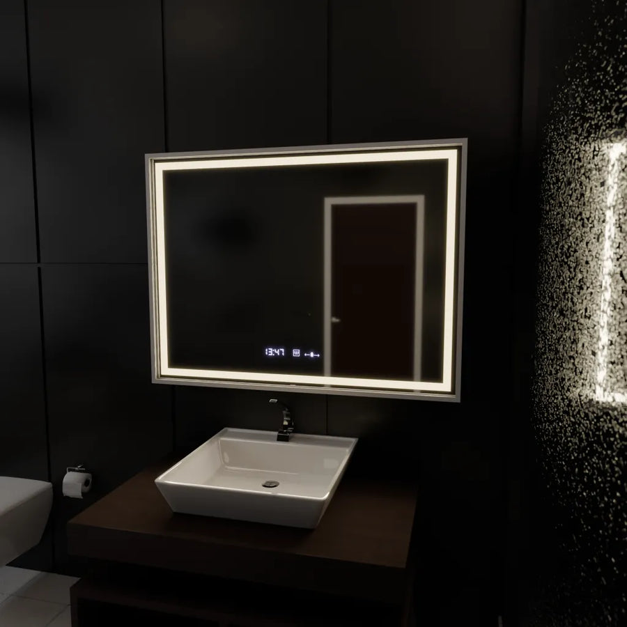 Rectangular LED Mirror, 80x60cm, Verite Imperial Silver Motion Glow Marcello, Demister System, Clock & Thermometer, Dimmable