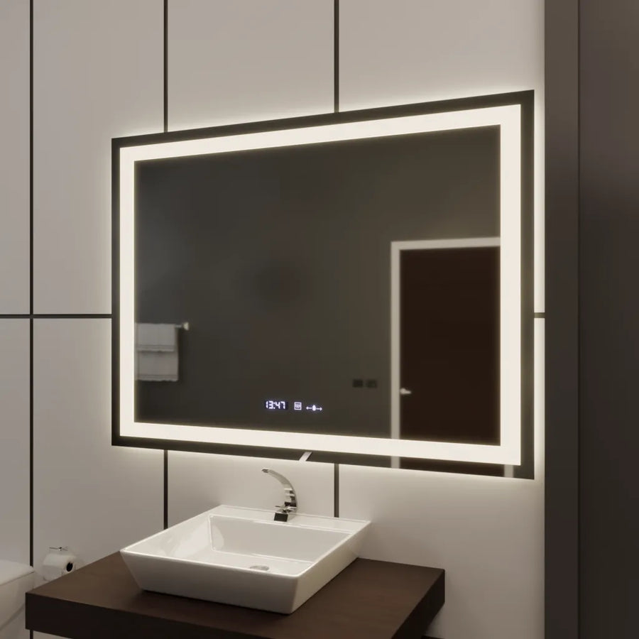 Rectangular LED mirror, 100x75cm, Verite MotionGlow Marcello, Demister System, Clock & Thermometer, Dimmable