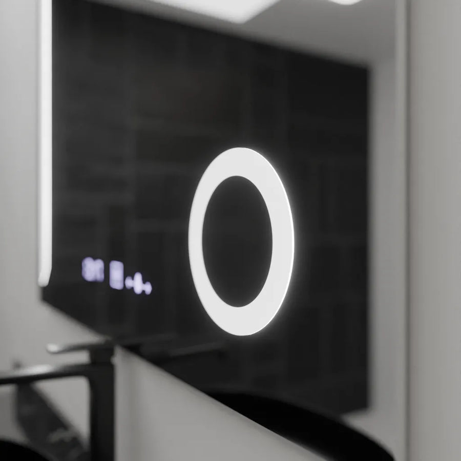 Rectangular LED mirror, 100x80cm, Precision MotionGlow Marcello, Demister System, Clock & Thermometer, Cosmetic Magnifier, Dimable