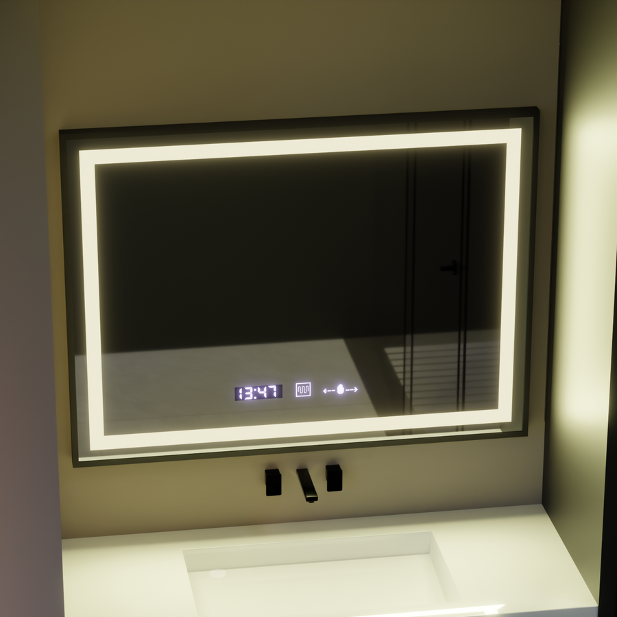 Rectangular LED mirror, 80x60cm, Verite Majeste Noir Motion Glow Marcello, Demister System, Clock & Thermometer, Dimmable