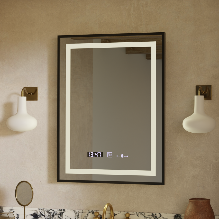 Rectangular LED mirror, 60x80cm, Verite Majeste Noir Motion Glow Marcello, Demister System, Clock & Thermometer, Dimmable
