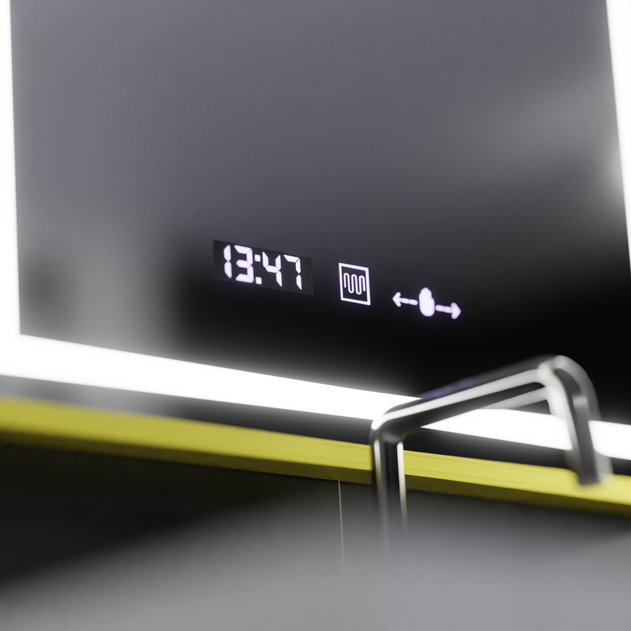 Rectangular LED mirror, 50x70cm, Verite Royale Gold Motion Glow Marcello, Demister System, Clock & Thermometer, Dimmable