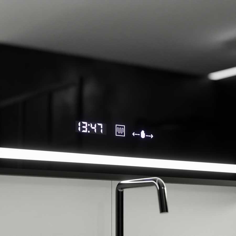 Rectangular LED mirror, 100x80cm, Verite Majeste Noir MotionGlow Marcello, Demister System, Clock & Thermometer, Dimmable