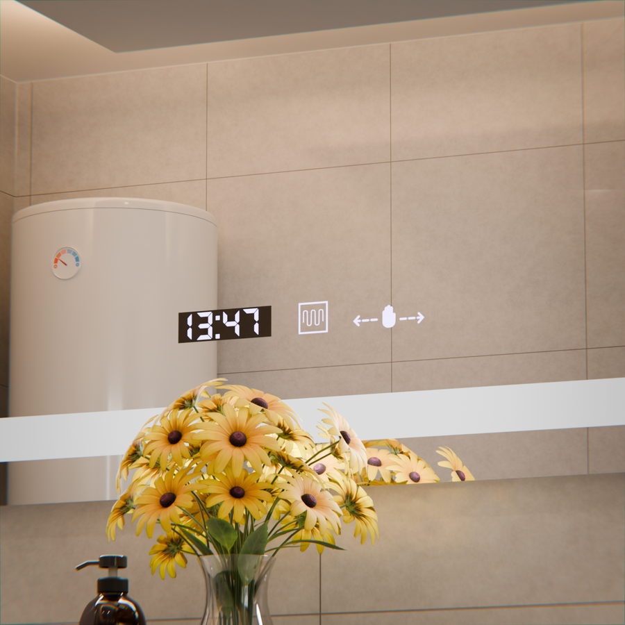 Rectangular LED mirror, 80x60cm, Verite MotionGlow Marcello, Demister System, Clock & Thermometer, Dimmable