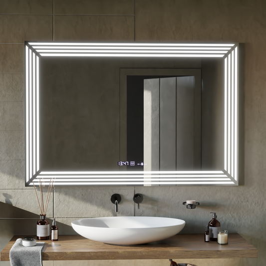Rectangular LED mirror, 120x80cm, Venezia Sensor MotionGlow Marcello, Demister System, Clock & Thermometer, Dimable