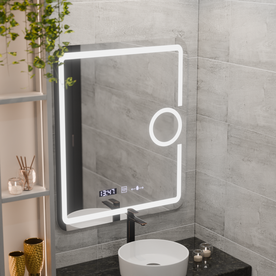 Rectangular LED mirror, 75x90cm, Eclat MotionGlow Marcello, Demister System, Clock & Thermometer, Cosmetic Magnifier, Dimable