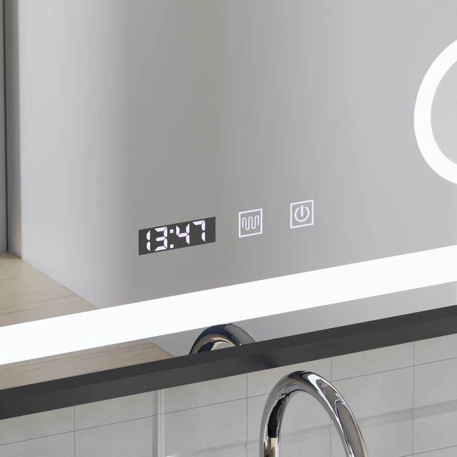 Bernd Touch LED Mirror Defog System, Clock and Temperature 80x60 cm Brushed Black Frame Cosmetic Magnifier