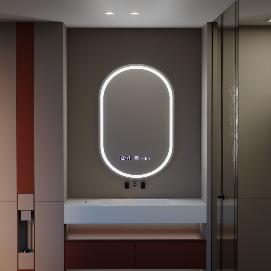Oval LED mirror, 50x80cm, Eminence MotionGlow Marcello, Demister System, Clock & Thermometer, Dimmable