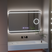 Rectangular LED mirror, 100x60cm, Definition MotionGlow Marcello, Demister System, Clock & Thermometer, Cosmetic Magnifier, Dimable
