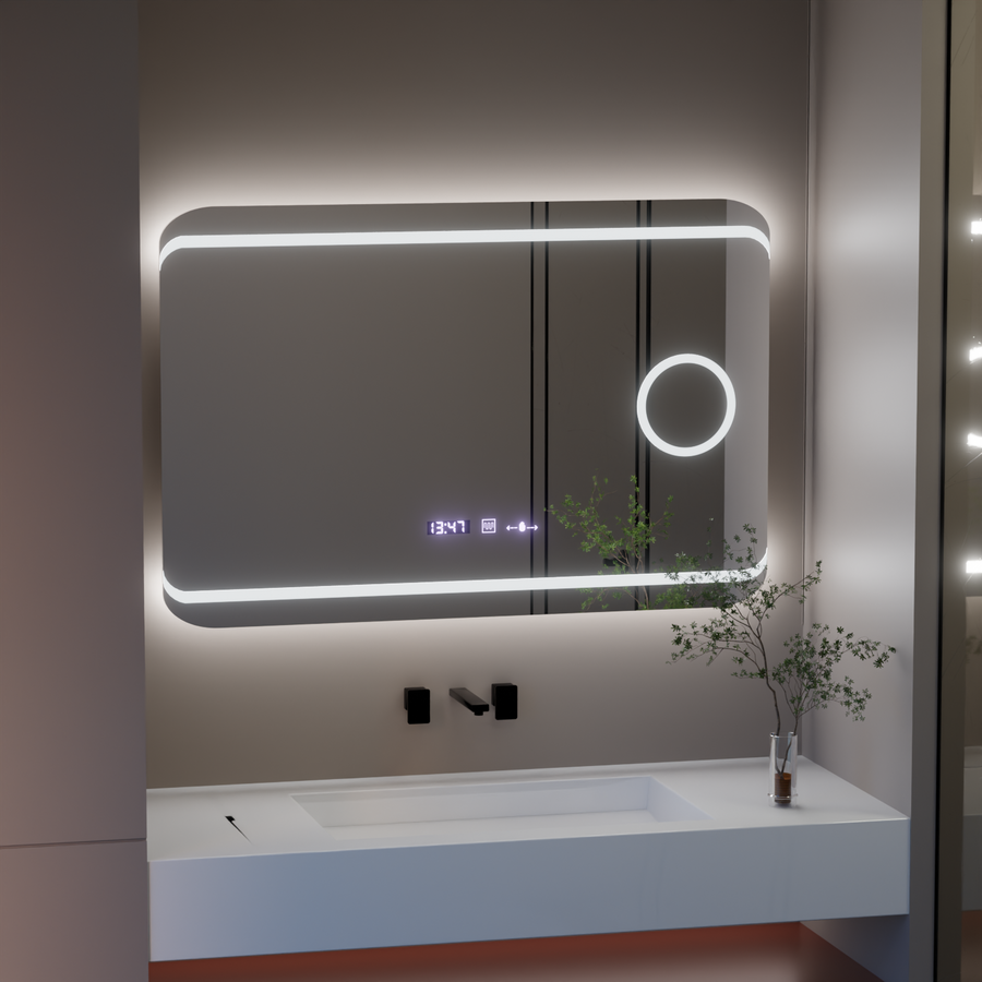 Rectangular LED mirror, 100x60cm, Definition MotionGlow Marcello, Demister System, Clock & Thermometer, Cosmetic Magnifier, Dimable