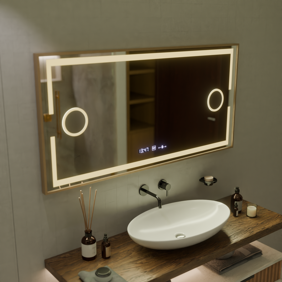 Isabell MotionGlow Sensor LED Mirror with Defog Function Thermometer Clock 120x80 cm Dimmable Warm/Cool/Neutral Light, Rose Gold Brushed Frame, Marcello Funghi Collection